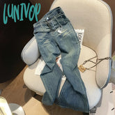 Lunivop Women’s Belt Design Flare Jeans Vintage American Style Casual Wide Leg Blue Pants Female